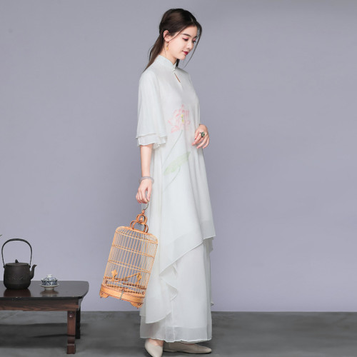 2269實拍2020風唐裝套裝茶服文藝復古雪紡連衣裙禪服唐裝女裝