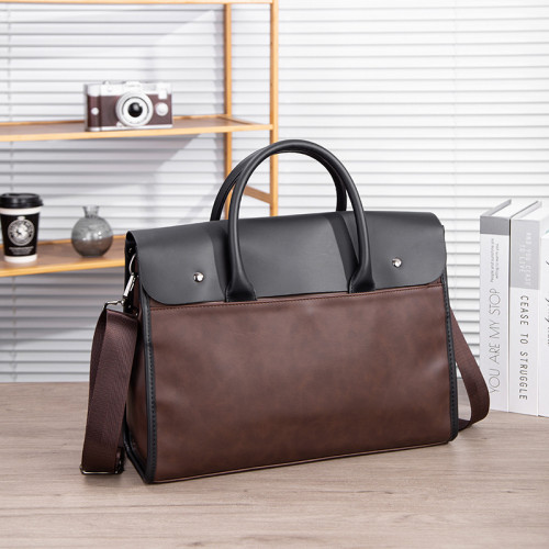 瘋馬皮男包 復古公文包 撞色商務男士手提包 橫款單肩斜背電腦包