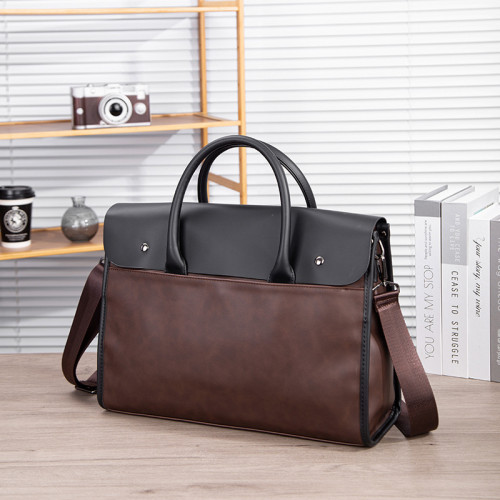 瘋馬皮男包 復古公文包 撞色商務男士手提包 橫款單肩斜背電腦包