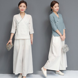 春夏風棉麻瑜伽服套裝女復古提花漢服居士服禪修茶人服兩件套
