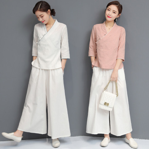 春夏風棉麻瑜伽服套裝女復古提花漢服居士服禪修茶人服兩件套