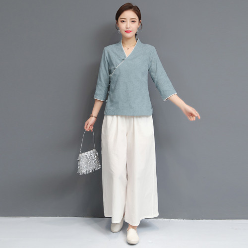 春夏風棉麻瑜伽服套裝女復古提花漢服居士服禪修茶人服兩件套