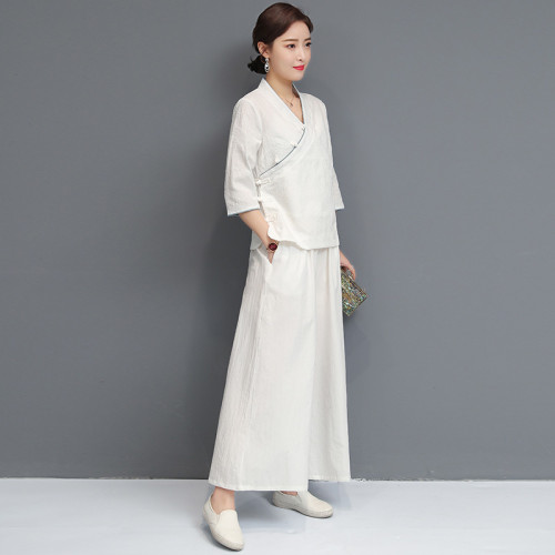 春夏風棉麻瑜伽服套裝女復古提花漢服居士服禪修茶人服兩件套