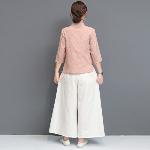 春夏風棉麻瑜伽服套裝女復古提花漢服居士服禪修茶人服兩件套