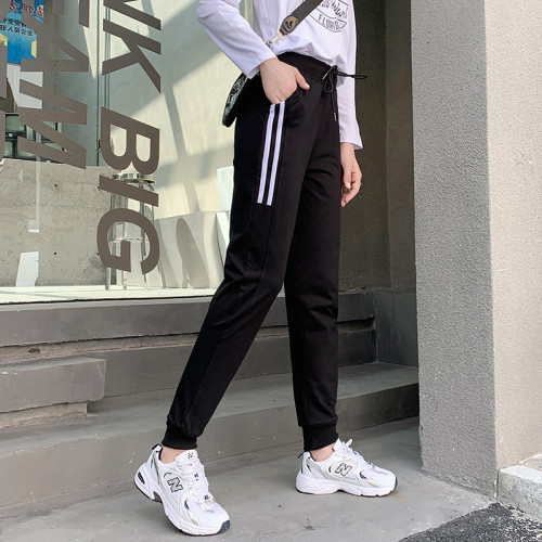 氣質通勤松緊腰百搭盤釦黑色中腰有腰帶棉九分褲寬松型女褲簡約