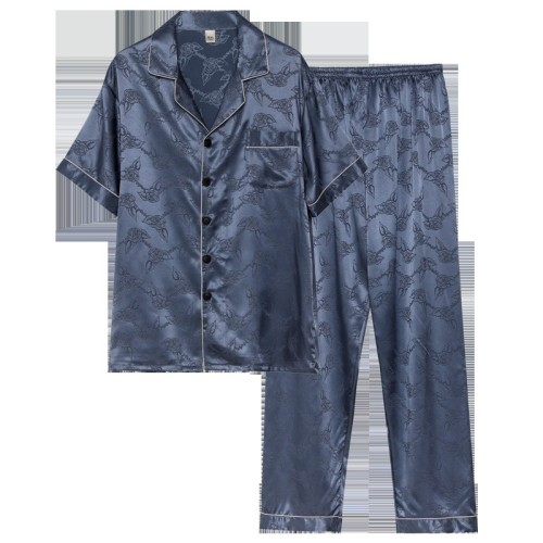 新款夏季絲質睡衣春秋冰絲綢男士薄款提花家居服短袖寬松大碼套裝