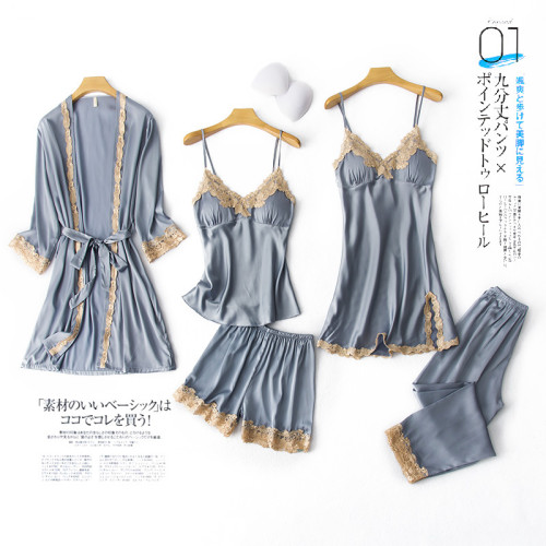 絲語五件套性感睡衣女秋冬開叉吊帶仿真絲睡裙帶胸墊可外穿家居服