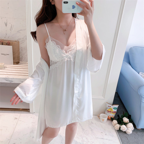 新款睡衣女夏冰絲綢兩件套帶胸墊吊帶睡裙睡袍浴袍蕾絲結婚新娘袍