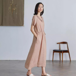 2020夏新款原創棉麻女裝 薄苧麻文藝長款系帶連衣裙 高品質長裙