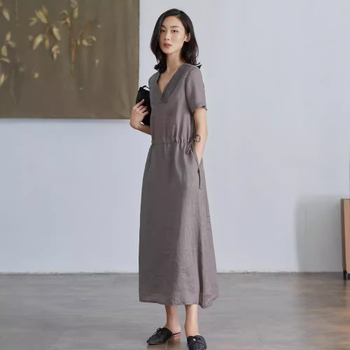 2020夏新款原創棉麻女裝 薄苧麻文藝長款系帶連衣裙 高品質長裙