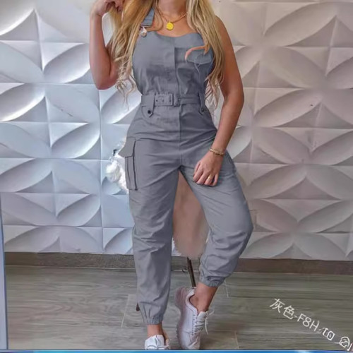 歐美wish女士工裝口袋設計連體褲無袖背帶褲簡約束腳褲+腰帶