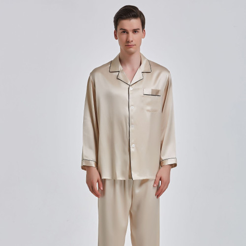 男士長袖長褲真絲睡衣套裝夏天舒適桑蠶絲家居服1188