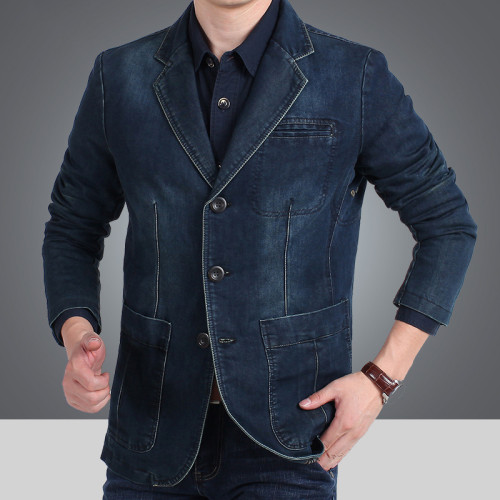 男裝牛仔西服男棉牛仔小西裝修大碼休閒西服外2182