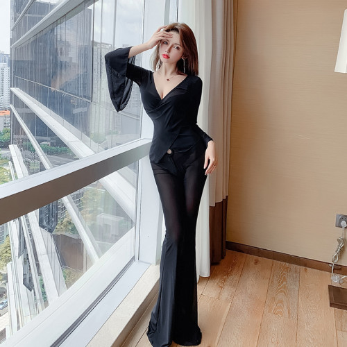 夜場會所性感透視技師工作服兩件套新款低胸遮肚子顯瘦小姐套裝