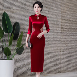 2022新款醋酸喜慶媽媽旗袍連衣裙復古改良長款刺綉結婚敬酒服禮服