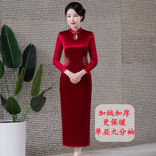 2022新款醋酸喜慶媽媽旗袍連衣裙復古改良長款刺綉結婚敬酒服禮服