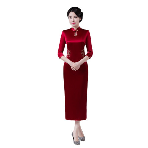 2022新款醋酸喜慶媽媽旗袍連衣裙復古改良長款刺綉結婚敬酒服禮服