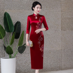 2022春季新款重磅醋酸旗袍連衣裙復古改良時尚結婚敬酒長款七分袖