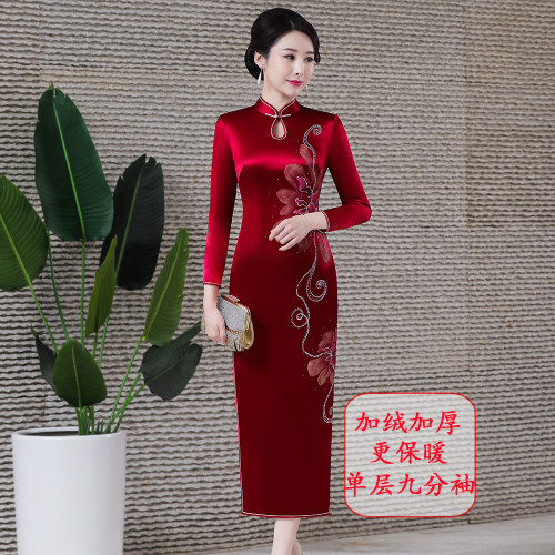 2022春季新款重磅醋酸旗袍連衣裙復古改良時尚結婚敬酒長款七分袖