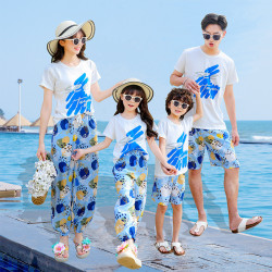 2025新款親子裝夏款沙灘海邊旅遊一家三口全家裝束腳套裝