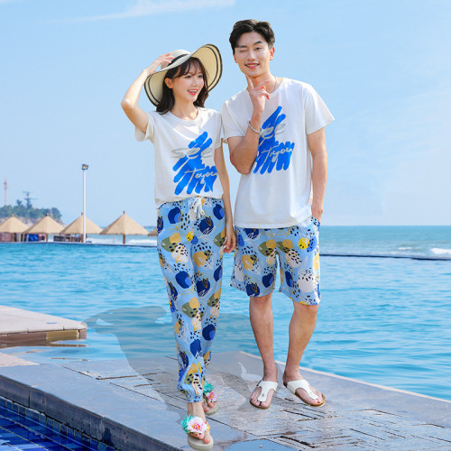 2025新款親子裝夏款沙灘海邊旅遊一家三口全家裝束腳套裝