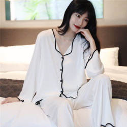 春夏季性感絲綢睡衣女長袖套裝韓版大碼簡約風冰絲居家薄款家居服