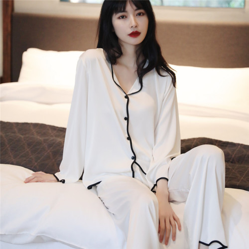 春夏季性感絲綢睡衣女長袖套裝韓版大碼簡約風冰絲居家薄款家居服