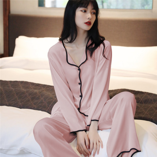 春夏季性感絲綢睡衣女長袖套裝韓版大碼簡約風冰絲居家薄款家居服