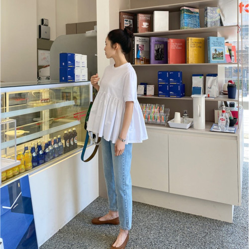 T恤娃娃衫女韓版夏2023棉圓領短袖a字型拼接寬松蓬蓬上衣白色