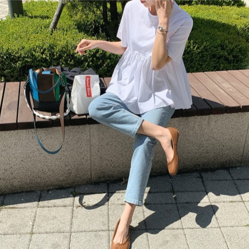 T恤娃娃衫女韓版夏2023棉圓領短袖a字型拼接寬松蓬蓬上衣白色