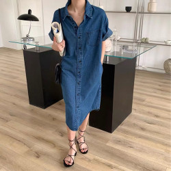 牛仔連衣裙女裝復古港風襯衫裙長裙2021新款夏季寬松顯瘦過膝裙子