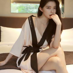 春夏秋季性感誘惑絲綢吊帶睡裙睡袍短袖居家睡衣女套裝冰絲家居服