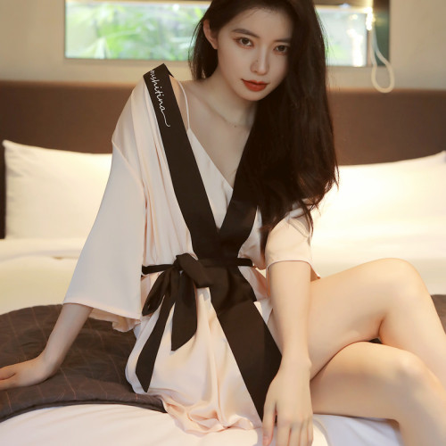 春夏秋季性感誘惑絲綢吊帶睡裙睡袍短袖居家睡衣女套裝冰絲家居服