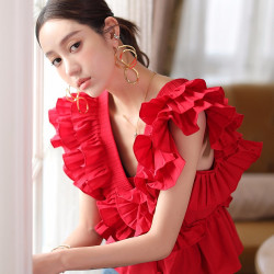 2024夏季新款收腰顯瘦V領法式襯衫女紅色壓褶荷葉邊無袖上衣