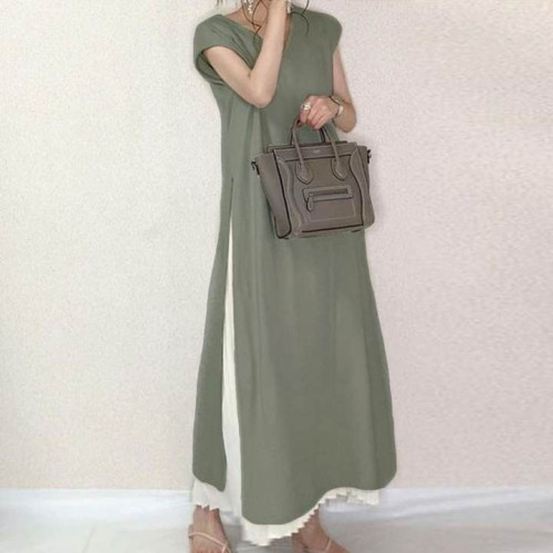 日系夏季文藝範純色簡約寬松大碼壓褶拼接大擺短袖連衣長裙女