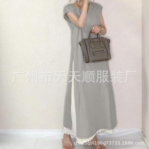 日系夏季文藝範純色簡約寬松大碼壓褶拼接大擺短袖連衣長裙女