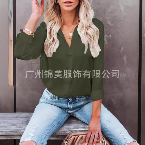 女裝2022秋季新款歐美女士襯衣 長袖純色翻領休閒襯衫