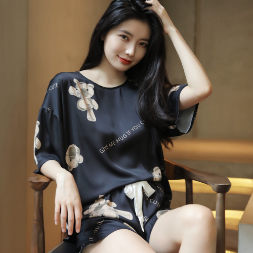 夏季薄款絲綢印花短袖短褲圓領睡衣女套裝冰絲韓版大碼套頭家居服