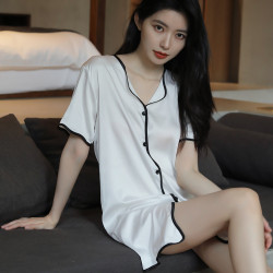 夏季性感絲綢純色短袖開衫睡裙女睡衣冰絲韓版大碼居家休閒家居服