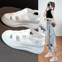 2024夏季新款鏤空涼鞋女韓版爆款洞洞鞋真皮厚底百搭休閒鞋女