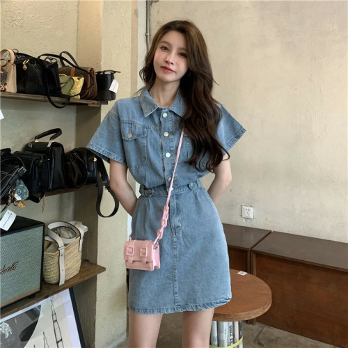 法式大衆POLO領牛仔連衣裙女小個子收腰顯瘦復古韓版牛仔a字短裙