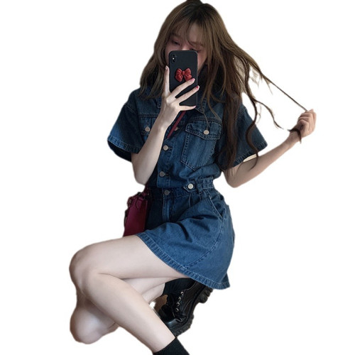 法式大衆POLO領牛仔連衣裙女小個子收腰顯瘦復古韓版牛仔a字短裙