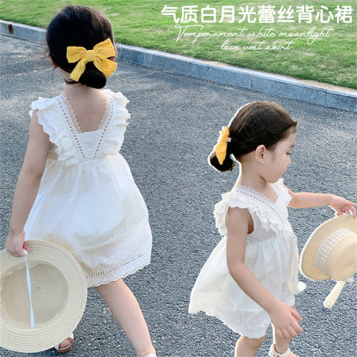 韓版洋氣女童花邊連衣裙2021夏季新款薄款背心裙女寶寶白色公主裙