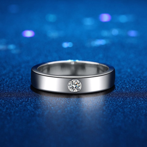 戒指男純銀莫桑石鑽戒婚戒情侶對戒結婚簡約銀鍍18K白金
