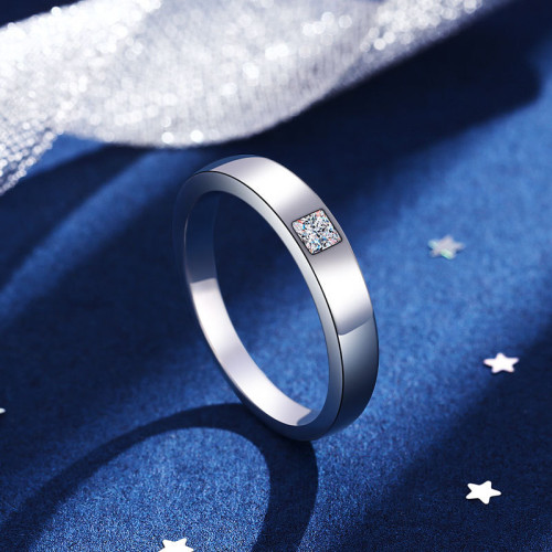 戒指男純銀莫桑石鑽戒婚戒情侶對戒結婚簡約銀鍍18K白金