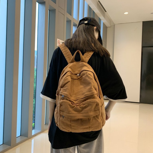 雙肩包女復古大容量簡約高中學生書包女韓版時尚潮流帆布後背包