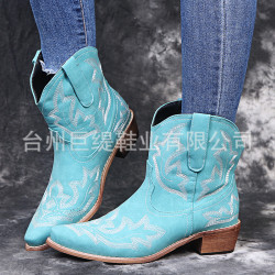 2021秋冬新款尖頭刺綉粗跟女式皮靴winter cottonboots