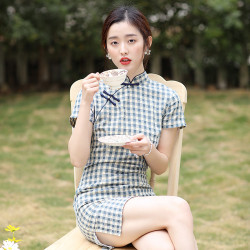 春夏新款棉少女格子短款旗袍 日常休閒旗袍立領修身顯瘦旗袍