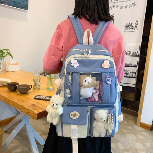 五件套書包韓版女生可愛熊仔玩偶帆布後背包大容量甜美初中生雙肩包