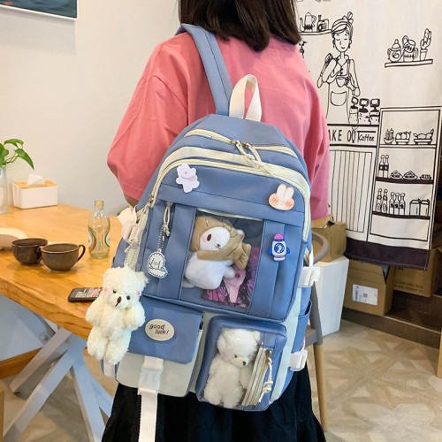五件套書包韓版女生可愛熊仔玩偶帆布後背包大容量甜美初中生雙肩包
